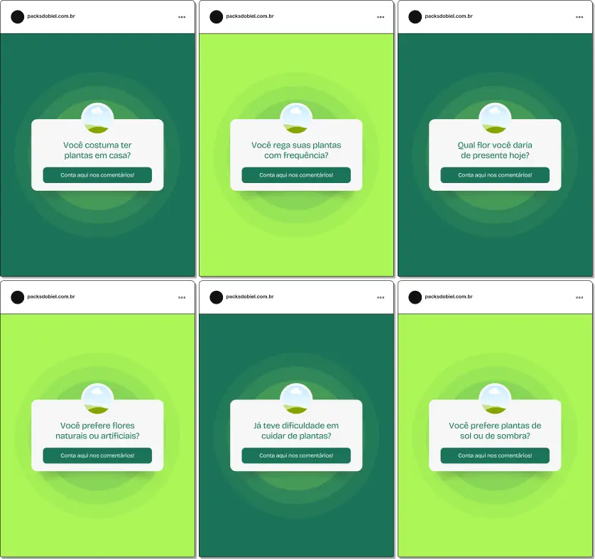 Pack de posts editáveis no Canva com caixinha de perguntas para floricultura, ideal para floristas e lojas de flores que desejam interagir com o público sobre cuidados com plantas, rega, tipos de flores, decoração e jardinagem, aumentando o engajamento no Instagram.