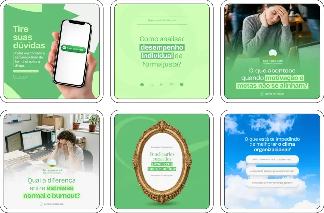 Pack de templates editáveis no Canva para psicólogos organizacionais e coaches corporativos, criado para facilitar posts sobre motivação, bem-estar no trabalho, cultura organizacional e estratégias de desenvolvimento profissional, mantendo um perfil visualmente consistente e confiável.