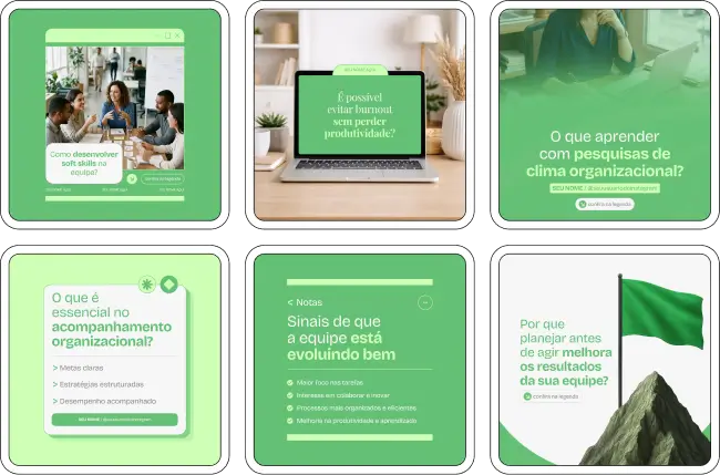 Pack de artes editáveis no Canva para profissionais de Psicologia do Trabalho, ideal para quem produz conteúdos sobre gestão de pessoas, saúde mental corporativa, avaliação de desempenho e treinamentos, transmitindo credibilidade e organização visual.