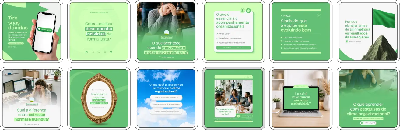 Pack de posts editáveis no Canva para psicólogos organizacionais que desejam criar conteúdos sobre clima organizacional, engajamento, liderança, produtividade e desenvolvimento de equipes, mantendo um feed profissional e educativo.
