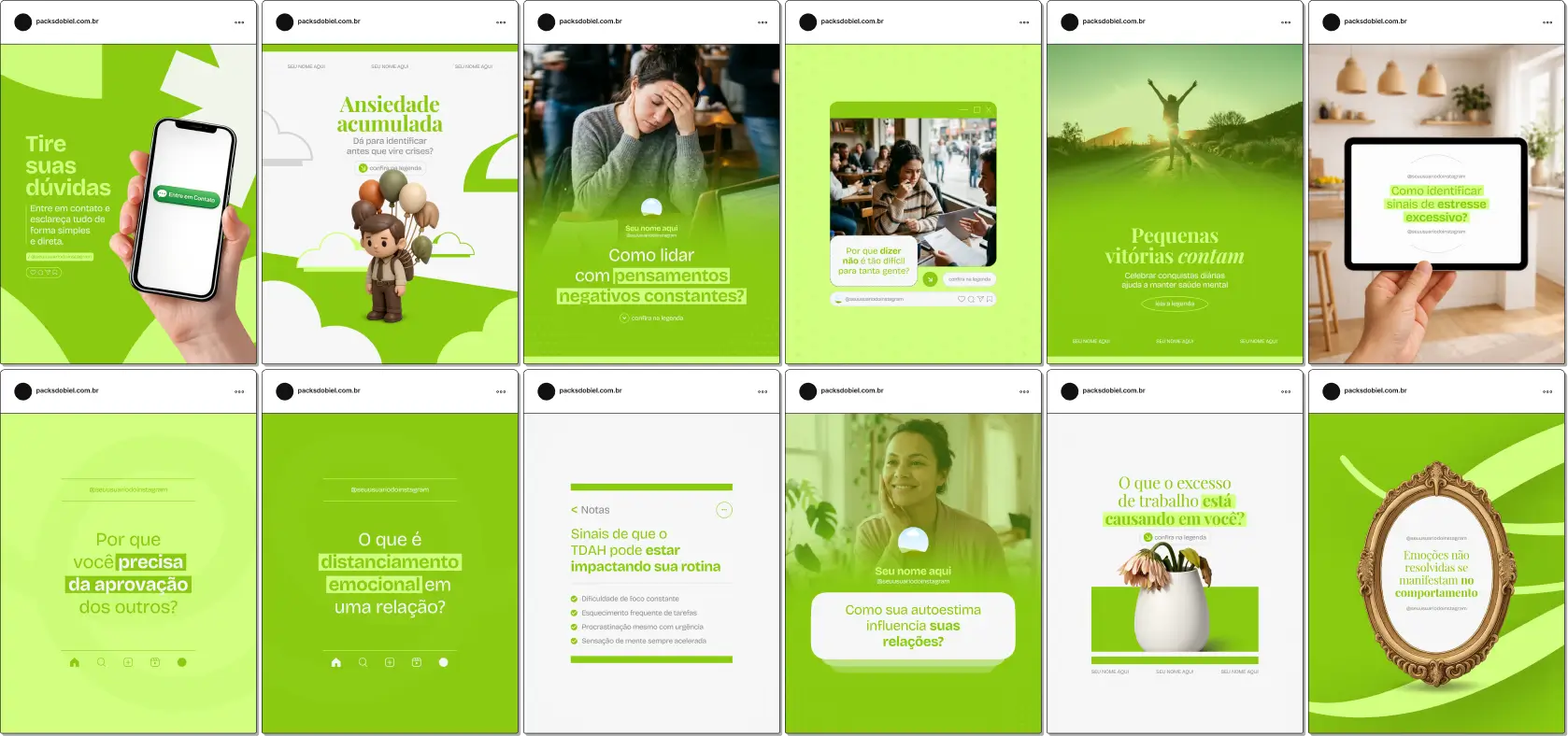 Pack de artes editáveis no Canva para profissionais de psicologia clínica, ideal para quem produz conteúdo sobre sintomas, diagnóstico, tratamento psicológico e acompanhamento terapêutico de transtornos mentais, transmitindo clareza e autoridade.
