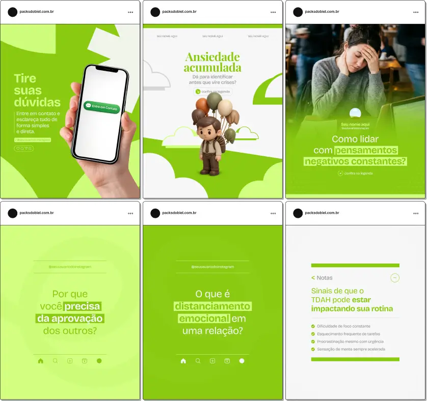 Pack de templates editáveis no Canva para psicólogos e neuropsicólogos, criado para facilitar conteúdos sobre transtornos de humor, transtornos de ansiedade, alterações cognitivas e funcionamento emocional, com comunicação visual educativa e consistente.