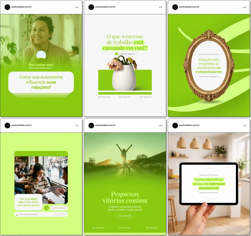 Pack de posts editáveis no Canva para psicólogos que trabalham com transtornos mentais, voltado para conteúdos sobre ansiedade, depressão, bipolaridade, TDAH, TOC e outros transtornos psicológicos, mantendo um feed organizado e profissional no Instagram.