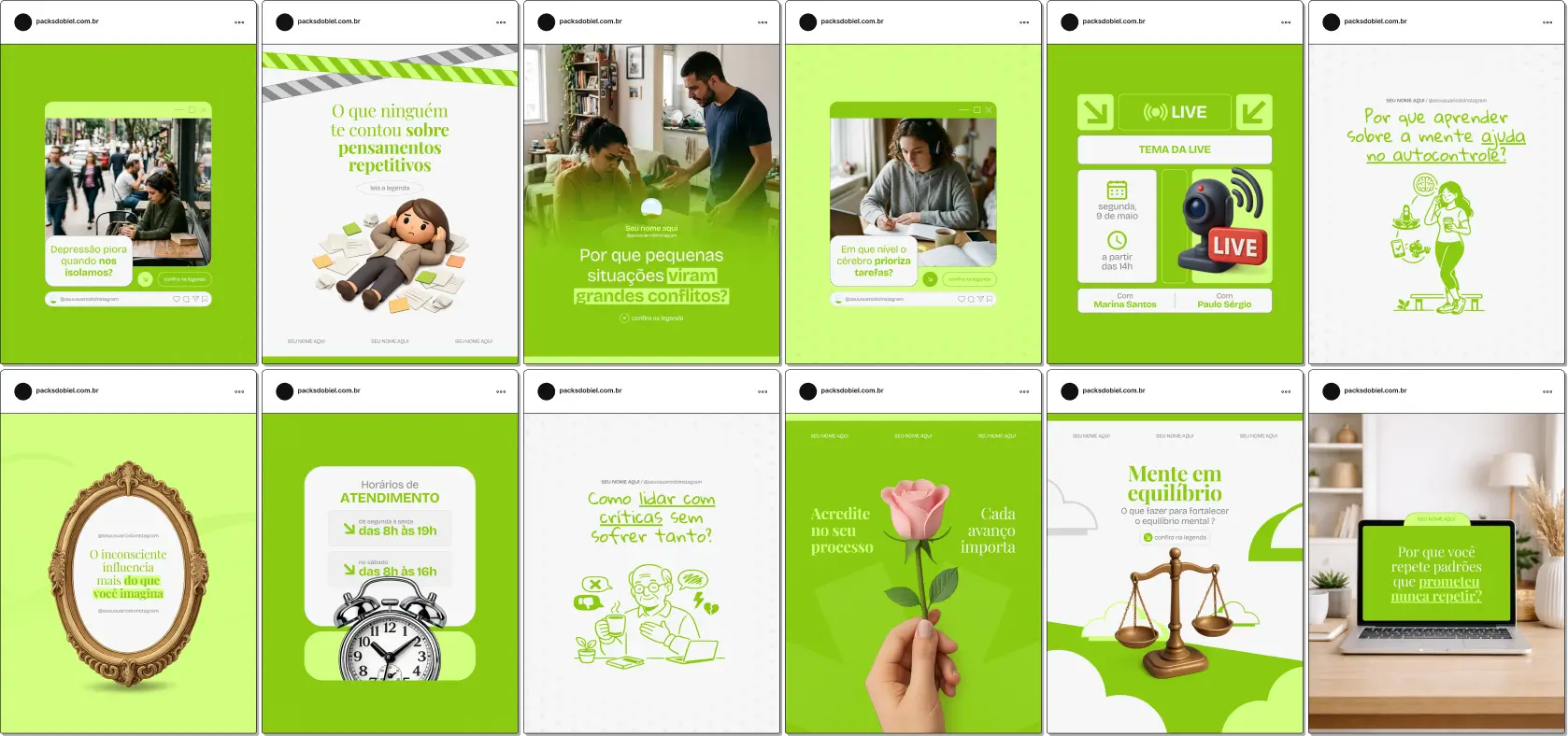 Pack de posts editáveis no Canva para profissionais de saúde mental que atendem pacientes com transtornos psicológicos, abordando temas como crises de ansiedade, depressão, estresse crônico e impacto no dia a dia, ajudando a educar o público no Instagram.