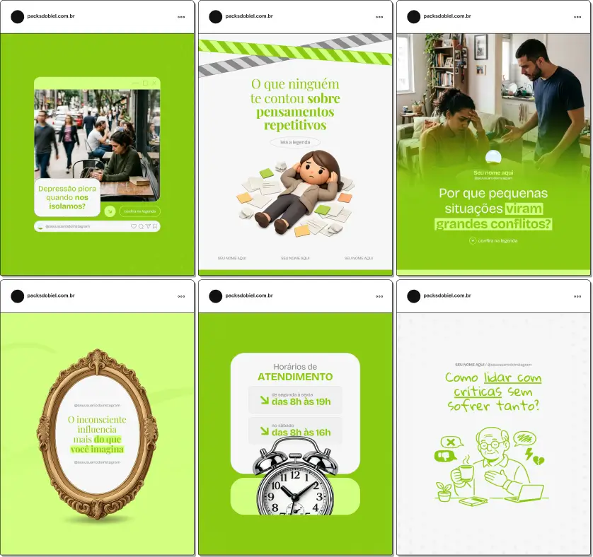 Pack de templates editáveis no Canva para psicólogos que atuam com transtornos mentais e emocionais, desenvolvido para criar conteúdos sobre saúde mental, sofrimento psíquico, regulação emocional e estratégias terapêuticas, mantendo um perfil confiável e informativo.