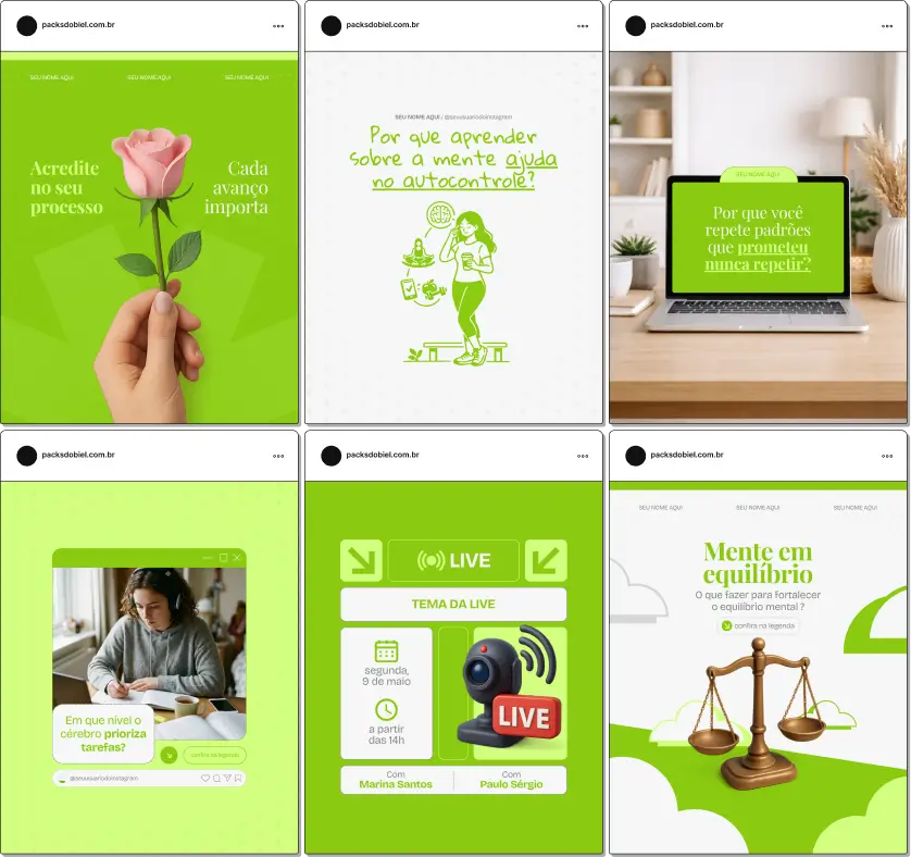 Pack de artes editáveis no Canva para psicólogos clínicos, ideal para conteúdos sobre avaliação psicológica, sinais de transtornos mentais, psicoterapia e evolução do tratamento, com uma linguagem visual acessível e profissional.
