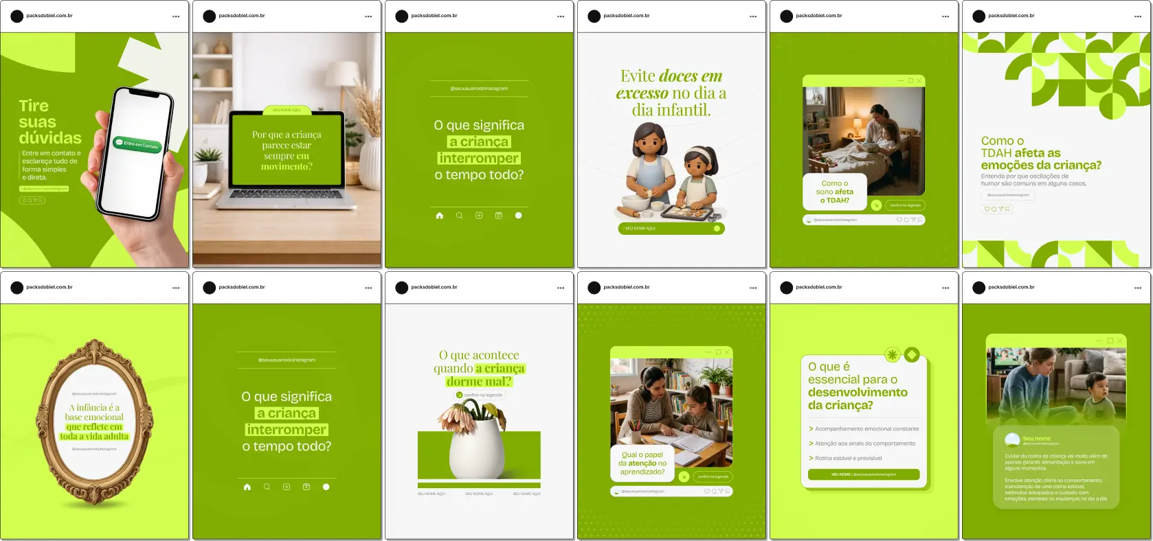 Pack de posts editáveis no Canva para psicólogos e neuropsicólogos que atendem TDAH infantil, voltado para conteúdos sobre desatenção, hiperatividade, impulsividade e desenvolvimento infantil, mantendo um feed organizado e profissional no Instagram.