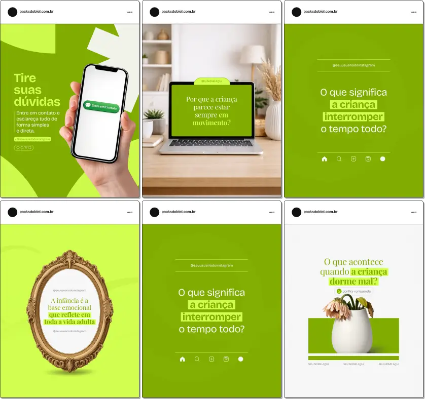 Pack de templates editáveis no Canva para psicólogos infantis e terapeutas, criado para facilitar conteúdos sobre sintomas do TDAH na infância, rotina escolar, foco, aprendizagem e estratégias de manejo comportamental.