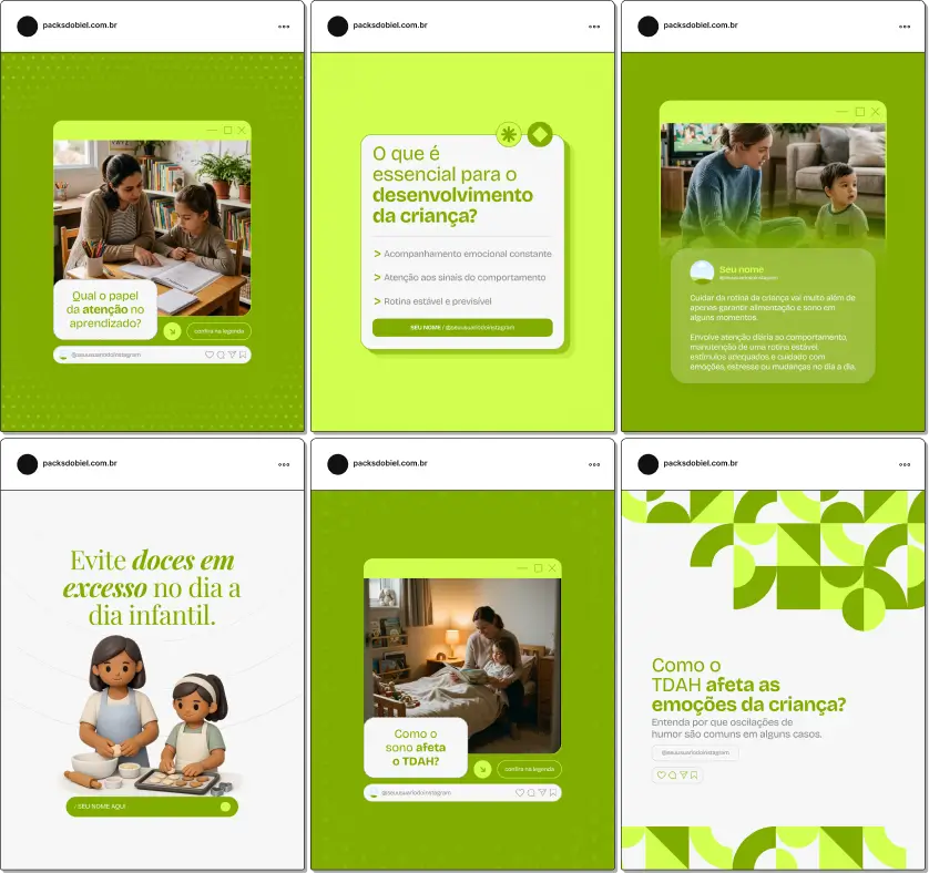 Pack de artes editáveis no Canva para profissionais de saúde mental infantil, ideal para quem produz conteúdo sobre diagnóstico de TDAH em crianças, dificuldades escolares, comportamento e orientação para pais, transmitindo clareza e confiança.
