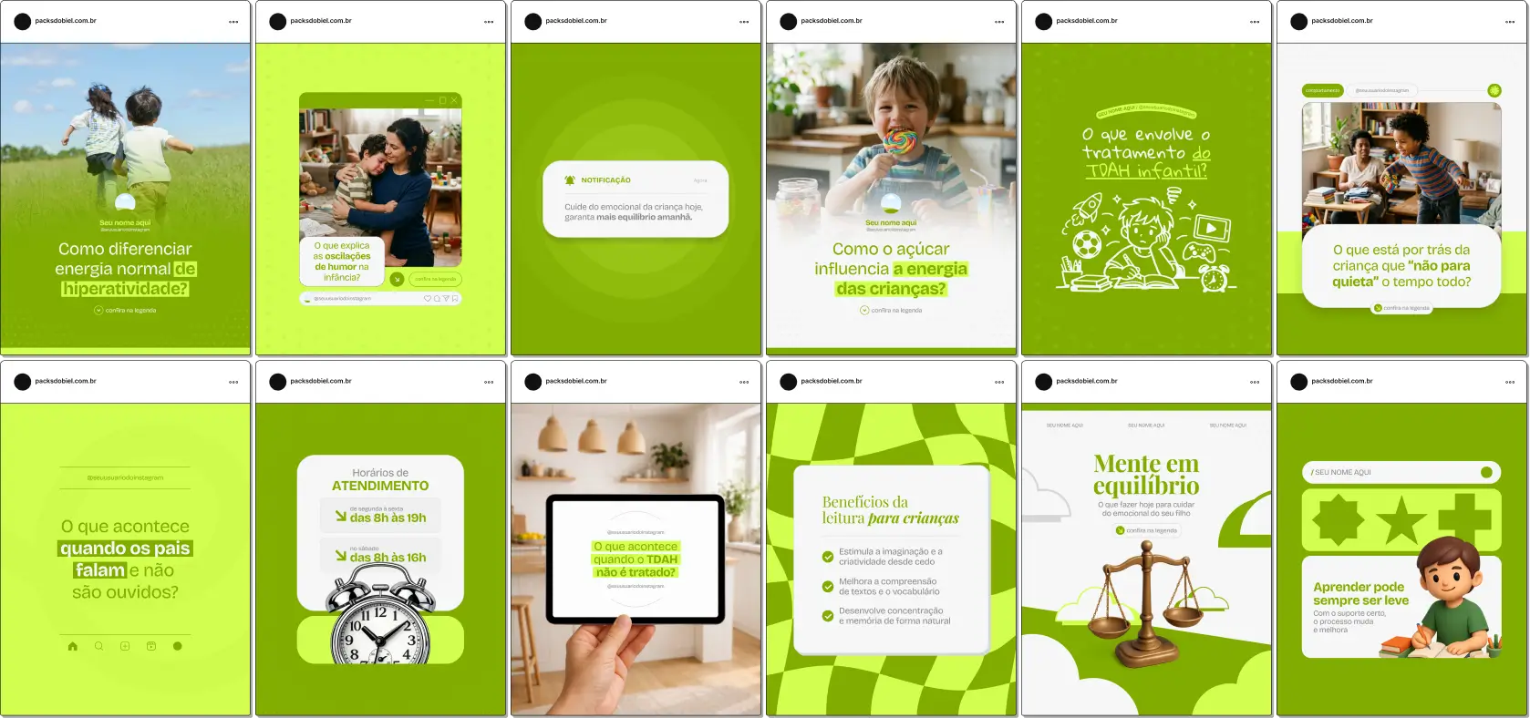 Pack de artes editáveis no Canva para neuropsicólogos e psicólogos infantis, ideal para conteúdos sobre avaliação neuropsicológica, comportamento infantil, atenção e intervenções no TDAH, com linguagem visual acessível e educativa.