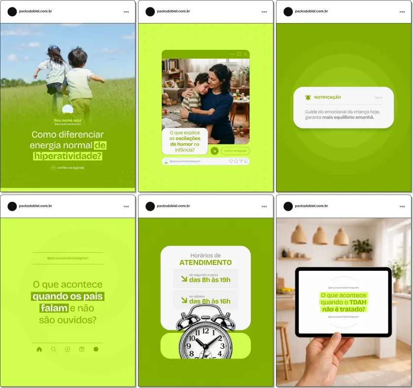 Pack de templates editáveis no Canva para profissionais que atendem crianças com TDAH, desenvolvido para criar conteúdos sobre desenvolvimento cognitivo, rotina, aprendizagem, emoções e suporte familiar, mantendo um perfil organizado e confiável.