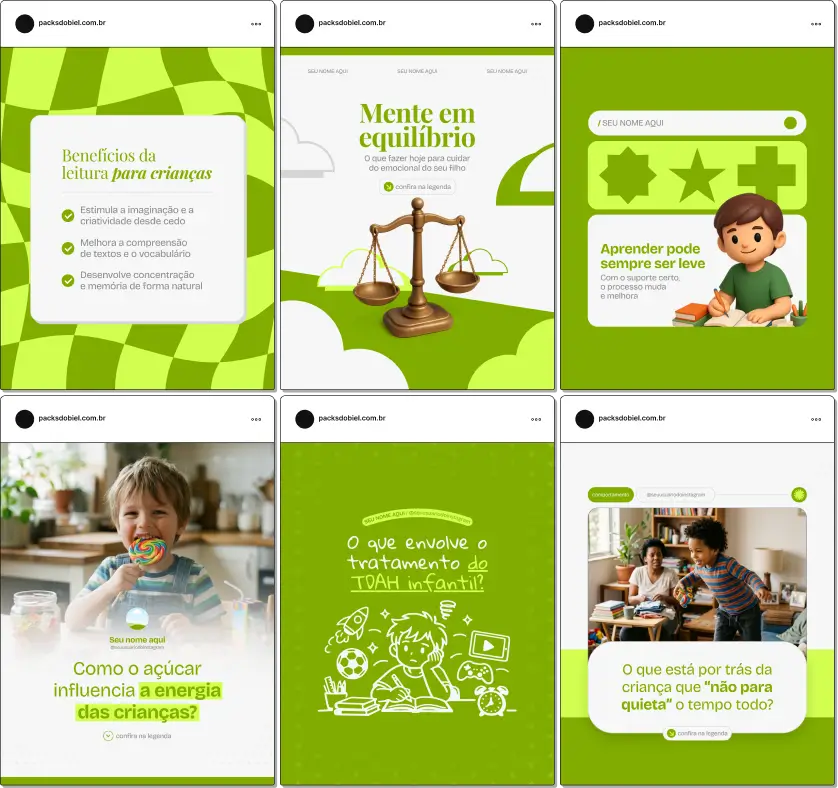 Pack de posts editáveis no Canva para profissionais que trabalham com TDAH infantil, voltado para temas como agitação, dificuldade de concentração, organização, socialização e acompanhamento psicológico, ajudando a educar pais e responsáveis.