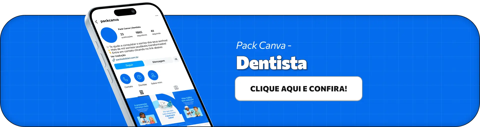 Pack de posts editáveis no Canva para dentistas e clínicas odontológicas que desejam criar conteúdos sobre saúde bucal, higiene oral, prevenção de cáries, limpeza, tratamentos odontológicos e cuidados diários, mantendo um feed profissional e educativo no Instagram.