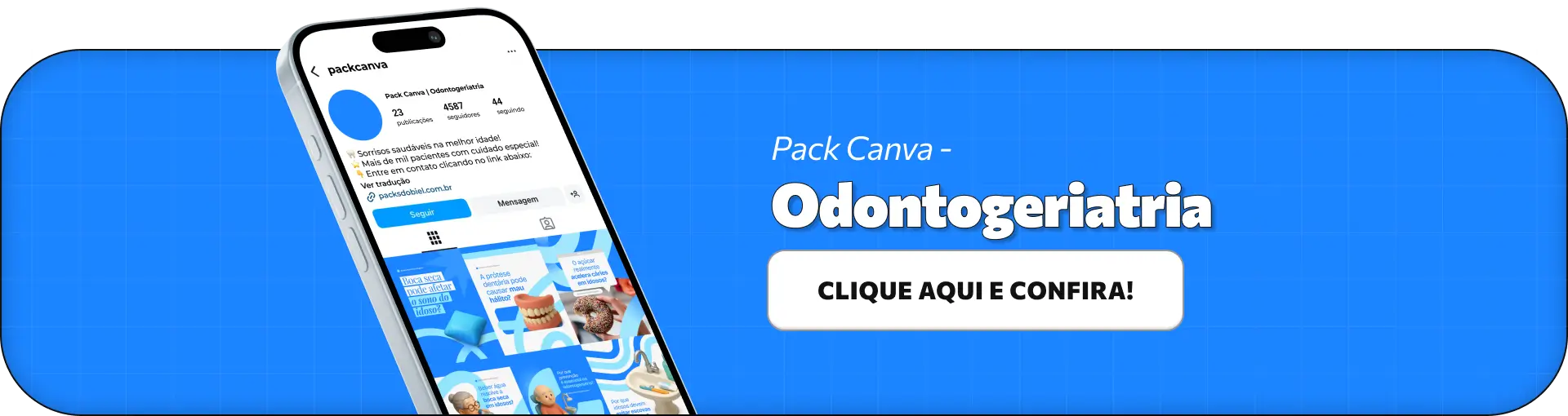 Pack de posts editáveis no Canva para dentistas especializados em odontogeriatria, ideal para conteúdos sobre saúde bucal do idoso, próteses dentárias, cuidados com gengiva, higiene oral na terceira idade e prevenção de problemas bucais, com comunicação clara e confiável.