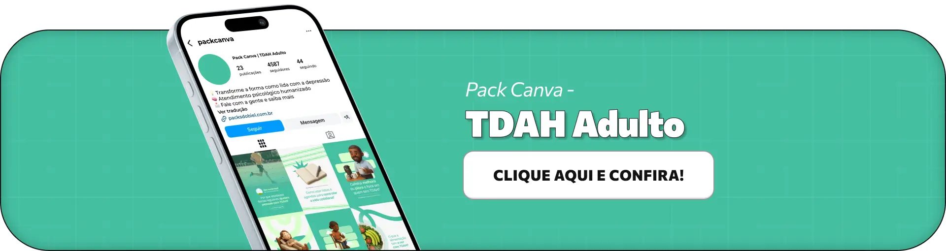 Pack de posts editáveis no Canva para psicólogos e terapeutas que trabalham com TDAH em adultos, voltado para conteúdos sobre foco, produtividade, organização, regulação emocional, rotina e estratégias de manejo, com comunicação clara e um feed organizado e confiável.