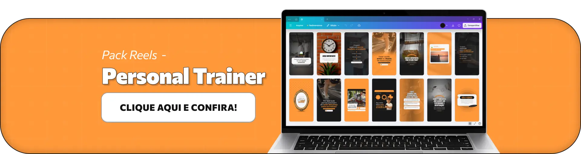 Pack de templates de Reels editáveis no Canva para personal trainer que deseja criar vídeos sobre treino em casa, exercícios para iniciantes, dicas rápidas de execução, motivação e rotina fitness, mantendo um perfil dinâmico e profissional no Instagram.
