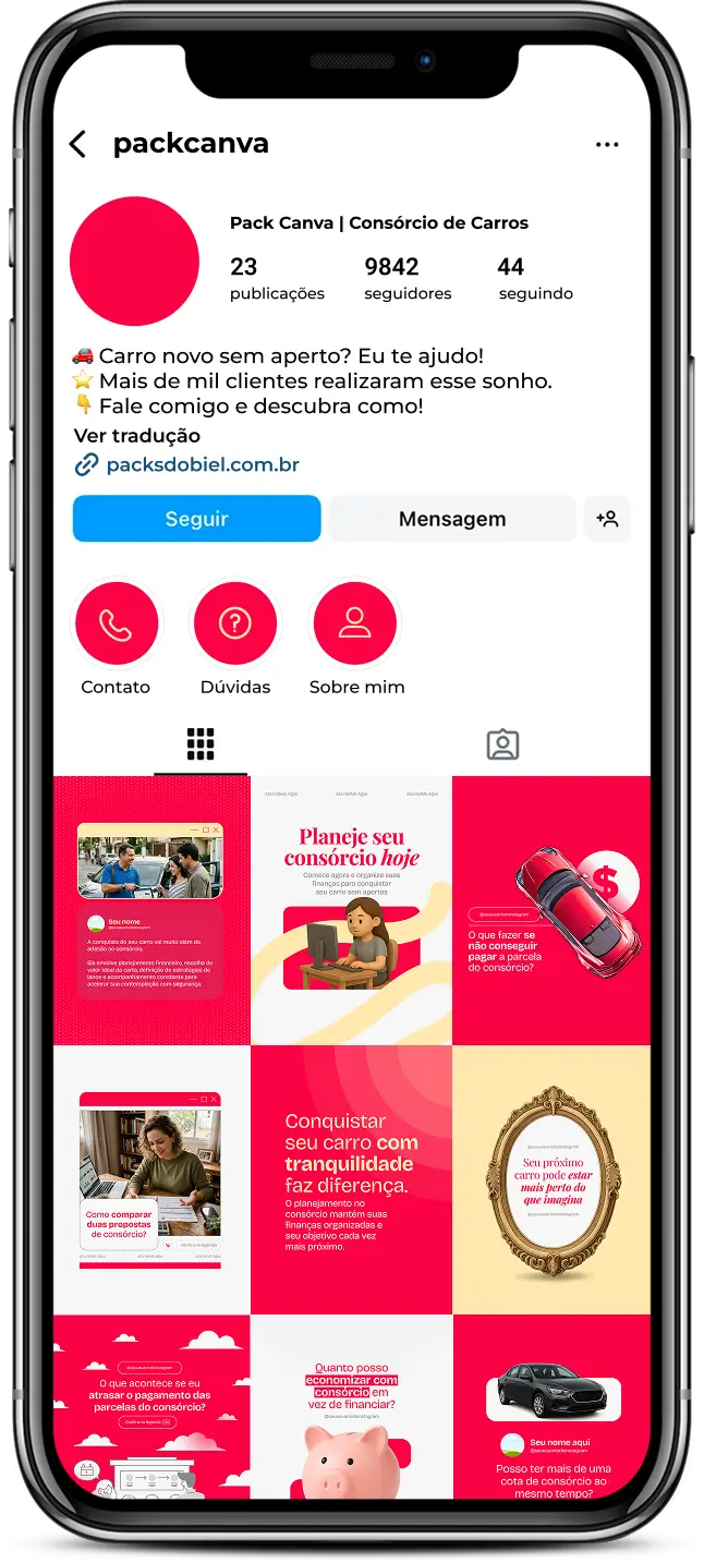 Pack de posts editáveis no Canva para consórcio de carros, ideal para corretores que desejam criar conteúdos sobre carta de crédito, parcelas acessíveis, planejamento financeiro, contemplação e aquisição de veículo sem juros, mantendo um feed organizado e profissional no Instagram.