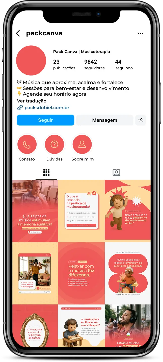 Pack de artes editáveis no Canva para profissionais de musicoterapia, ideal para quem produz conteúdos sobre saúde mental, reabilitação, comunicação, coordenação motora e uso terapêutico da música em diferentes públicos.