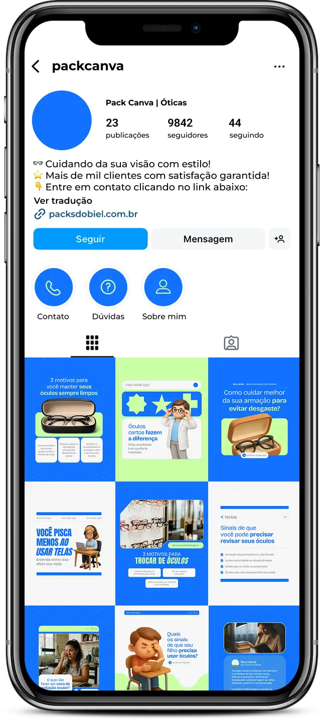 Pack de posts editáveis no Canva para óticas que desejam criar conteúdos sobre saúde visual, exames de vista, escolha de óculos, lentes de grau, armações e cuidados com a visão, mantendo um feed profissional e atrativo no Instagram.