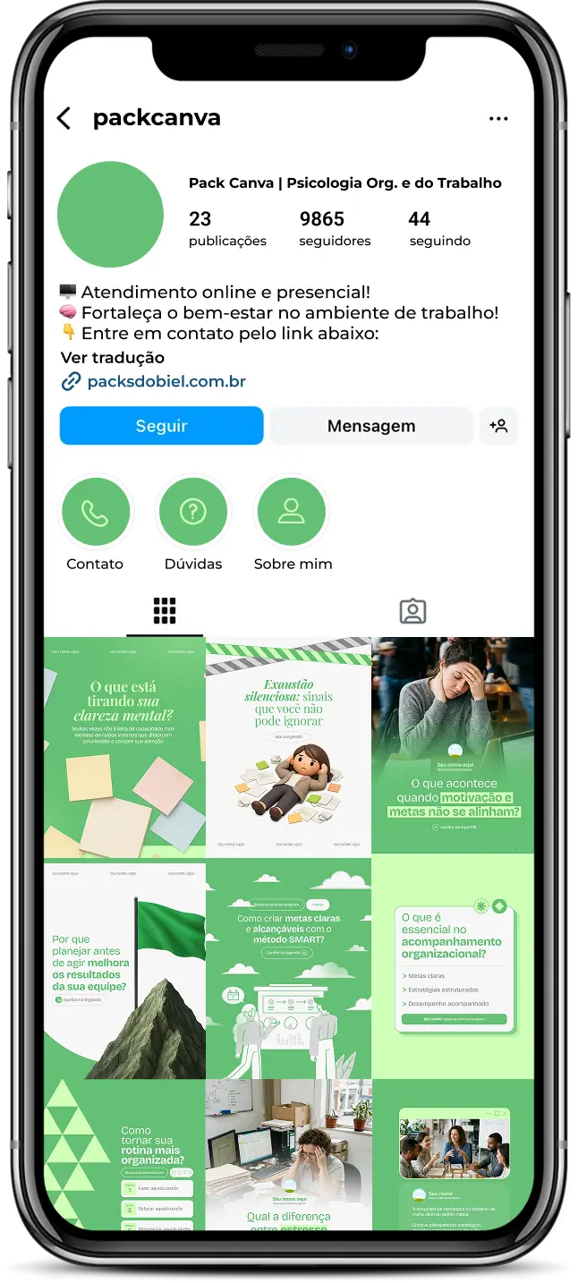 Pack de posts editáveis no Canva para psicólogos organizacionais e profissionais de RH que desejam criar conteúdos sobre clima organizacional, cultura da empresa, liderança, engajamento, saúde mental no trabalho e desenvolvimento de equipes, mantendo um feed profissional, educativo e alinhado ao ambiente corporativo.