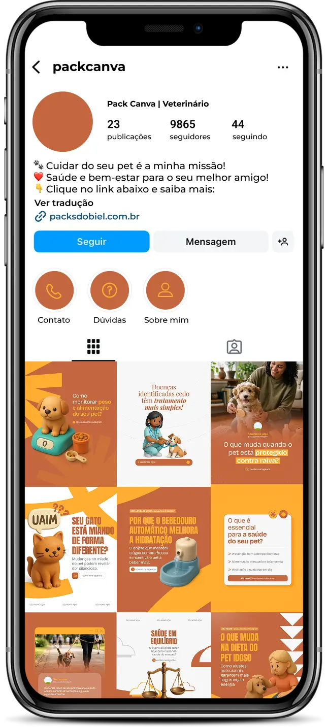 Kit de posts veterinários com conteúdos sobre cuidados básicos com pets no Canva