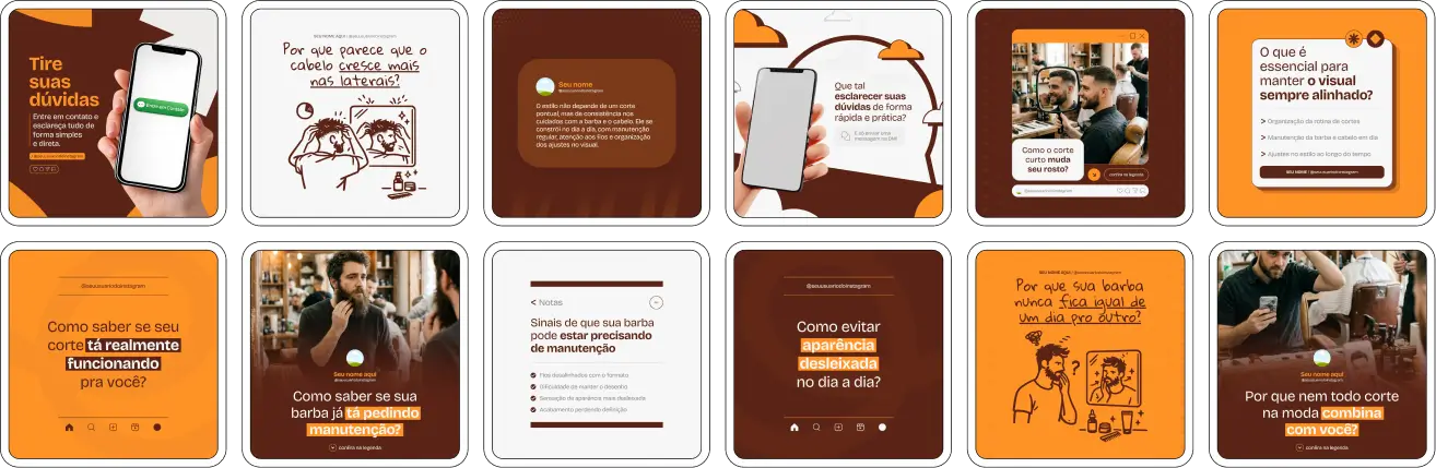 Pack de posts barbearia com conteúdo para Instagram de barba, cortes e estilo masculino