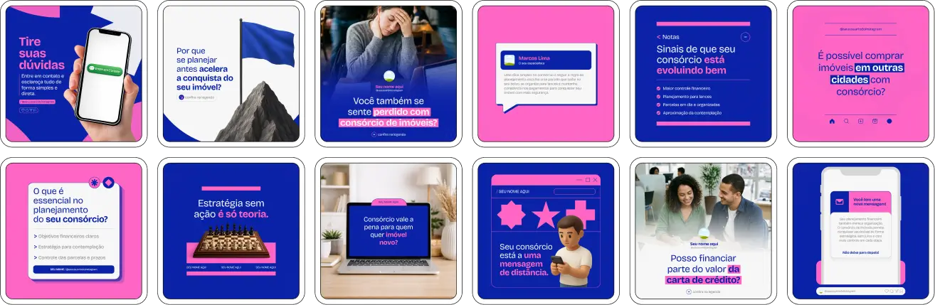 Pack de posts editáveis no Canva para consultores de consórcio imobiliário que desejam explicar carta de crédito, contemplação, parcelas, planejamento financeiro e aquisição de imóveis, mantendo um feed organizado e profissional no Instagram.
