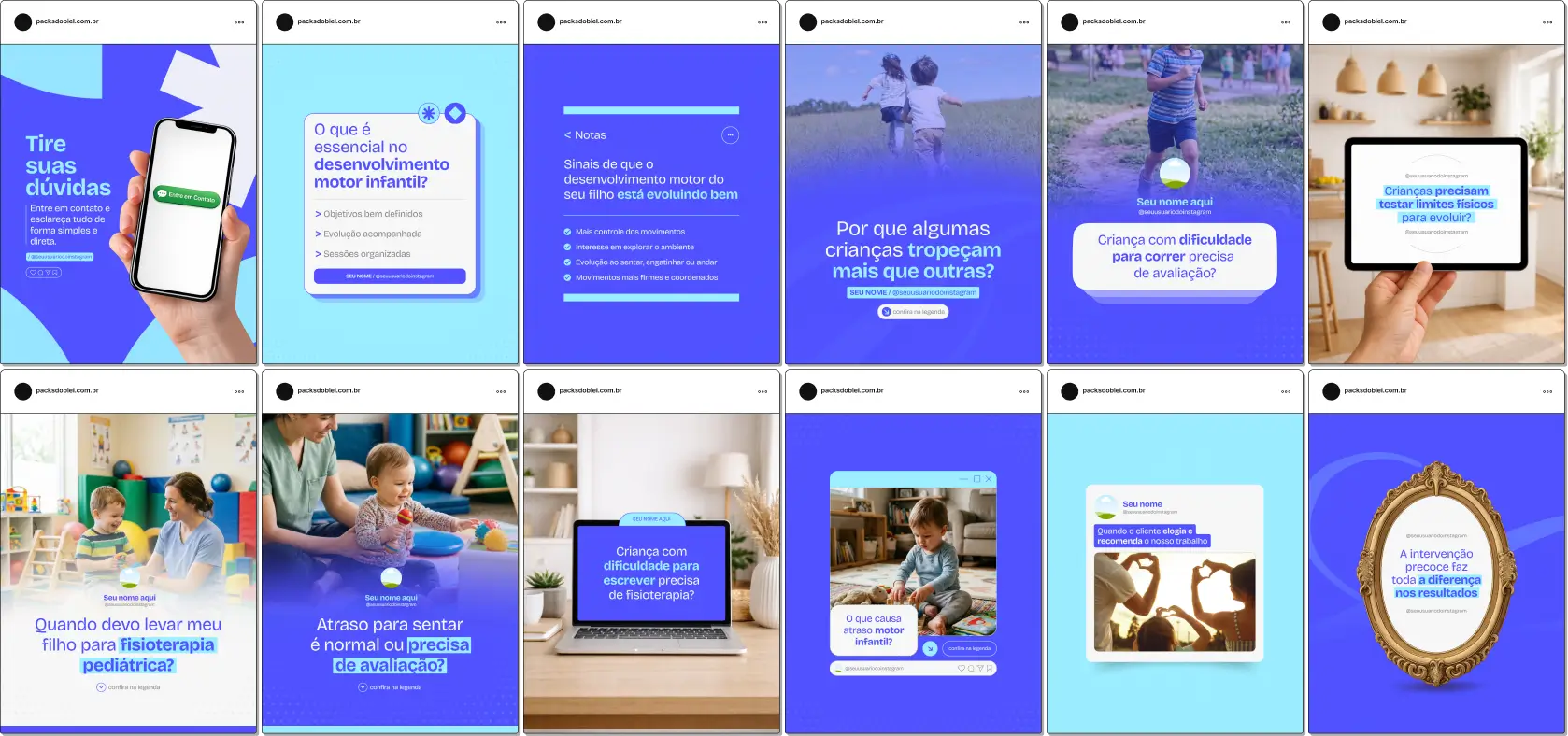 Pack de artes editáveis no Canva para profissionais de fisioterapia infantil, ideal para quem produz conteúdo sobre reabilitação pediátrica, coordenação motora, fortalecimento, postura e acompanhamento do desenvolvimento de bebês e crianças.