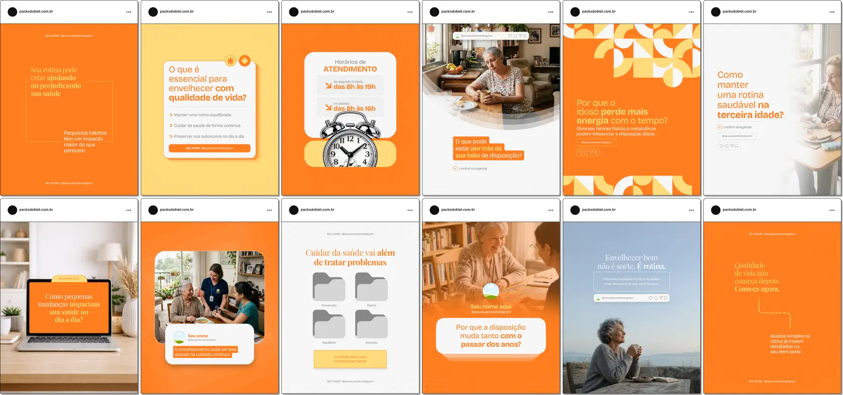 Pack de artes editáveis no Canva para gerontólogos e profissionais do envelhecimento, ideal para conteúdos sobre envelhecimento populacional, longevidade, qualidade de vida e suporte ao idoso, com comunicação visual clara e confiável.