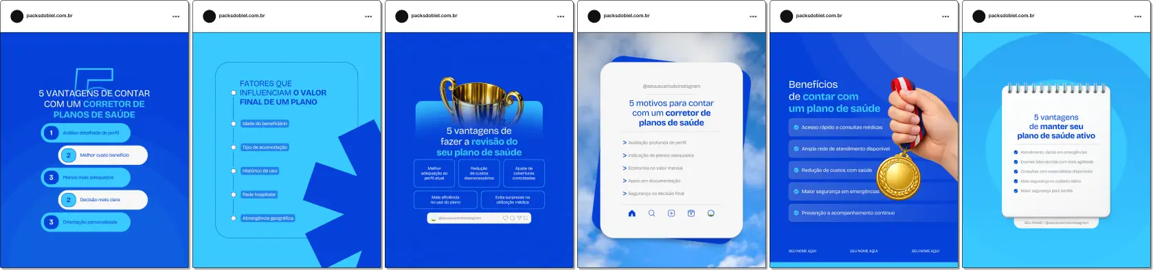 Pack de posts estilo 5 tópicos para corretores de planos de saúde que desejam criar conteúdos rápidos sobre cobertura, carência, rede credenciada, tipos de plano e atendimento médico, mantendo um feed informativo e profissional no Instagram.