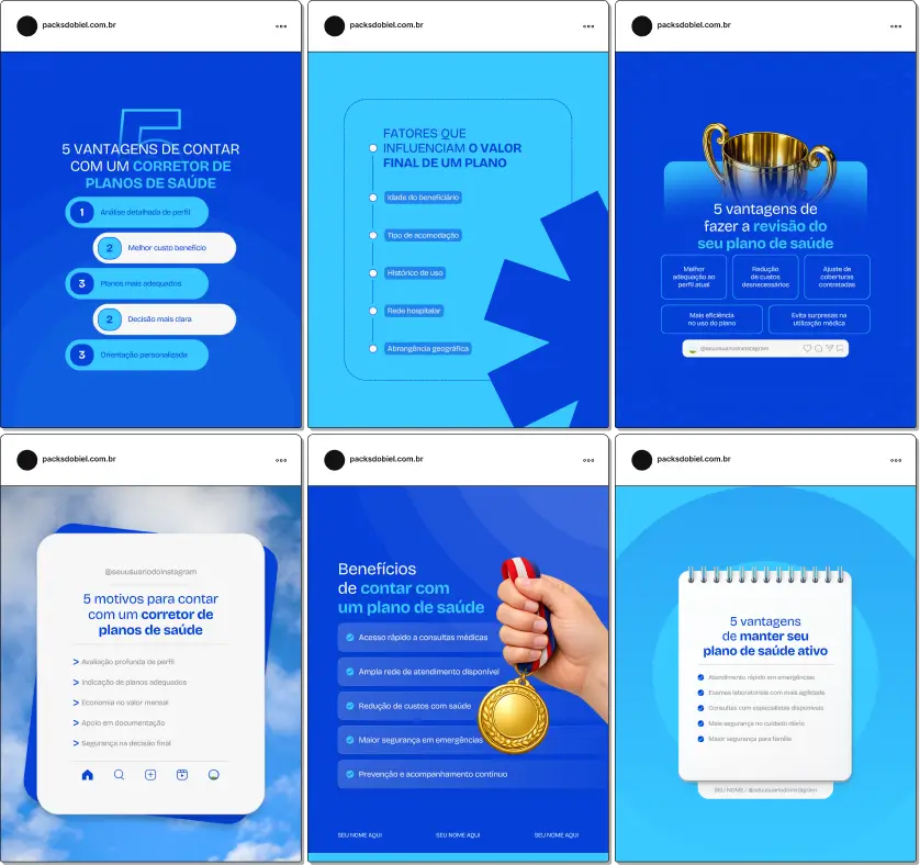 Posts editáveis no Canva estilo 5 tópicos para planos de saúde, ideal para profissionais que compartilham conteúdos sobre contratação, valores, diferença entre planos individuais e empresariais, urgência e emergência e dicas para escolher a melhor opção, fortalecendo autoridade e confiança com clientes.