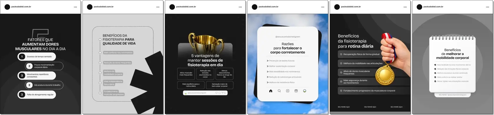 Posts editáveis no Canva estilo 5 tópicos para fisioterapia, ideal para profissionais que compartilham conteúdos sobre fortalecimento muscular, fisioterapia ortopédica, recuperação de lesões, mobilidade e qualidade de vida, fortalecendo autoridade e engajamento com pacientes.