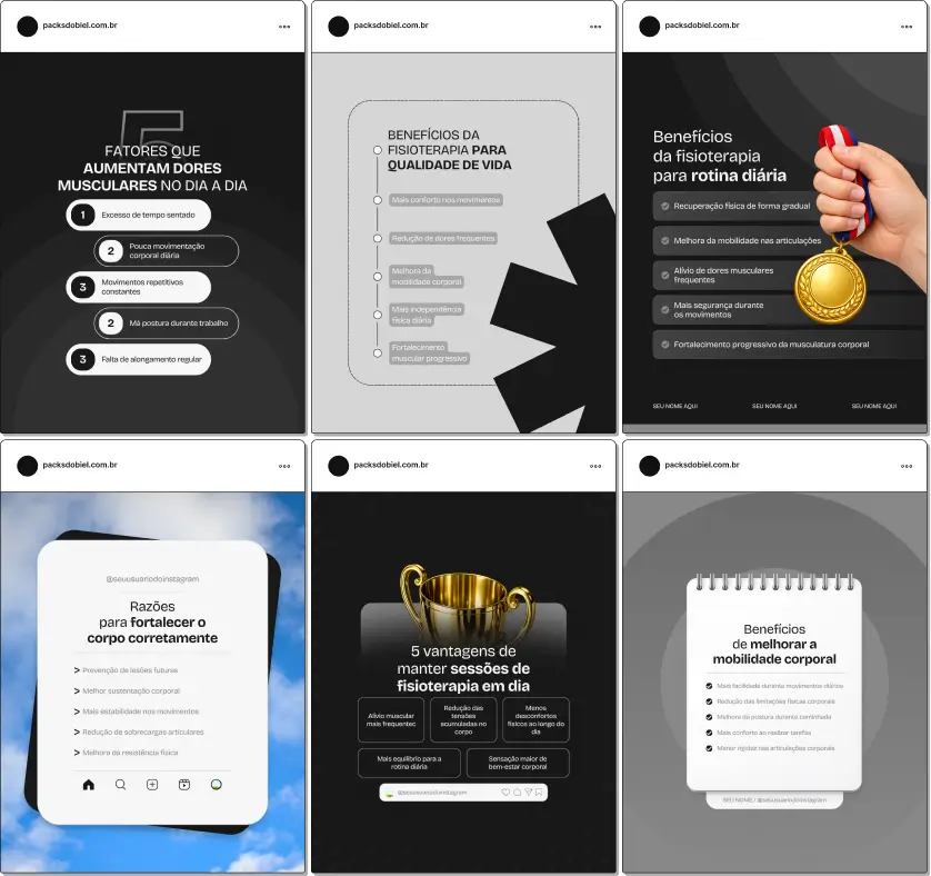 Pack de posts estilo 5 tópicos para fisioterapeutas que desejam criar conteúdos rápidos sobre reabilitação física, dores na coluna, postura, alongamentos e prevenção de lesões, mantendo um feed educativo e profissional no Instagram.