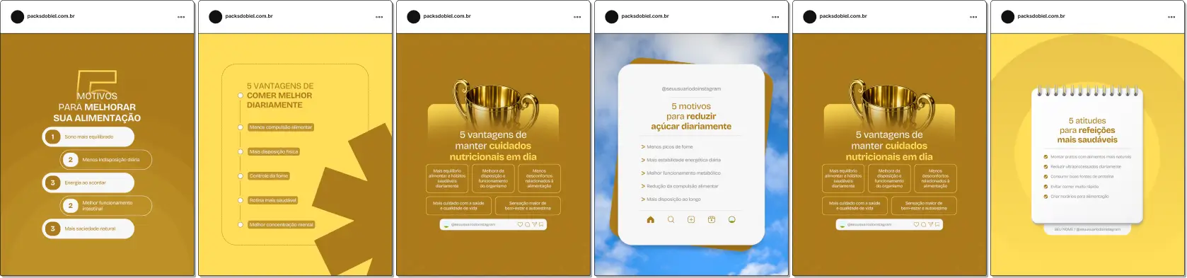 Pack de posts estilo 5 tópicos para nutricionistas que desejam criar conteúdos rápidos sobre emagrecimento saudável, reeducação alimentar, déficit calórico, metabolismo e hábitos alimentares, mantendo um feed educativo e profissional no Instagram.