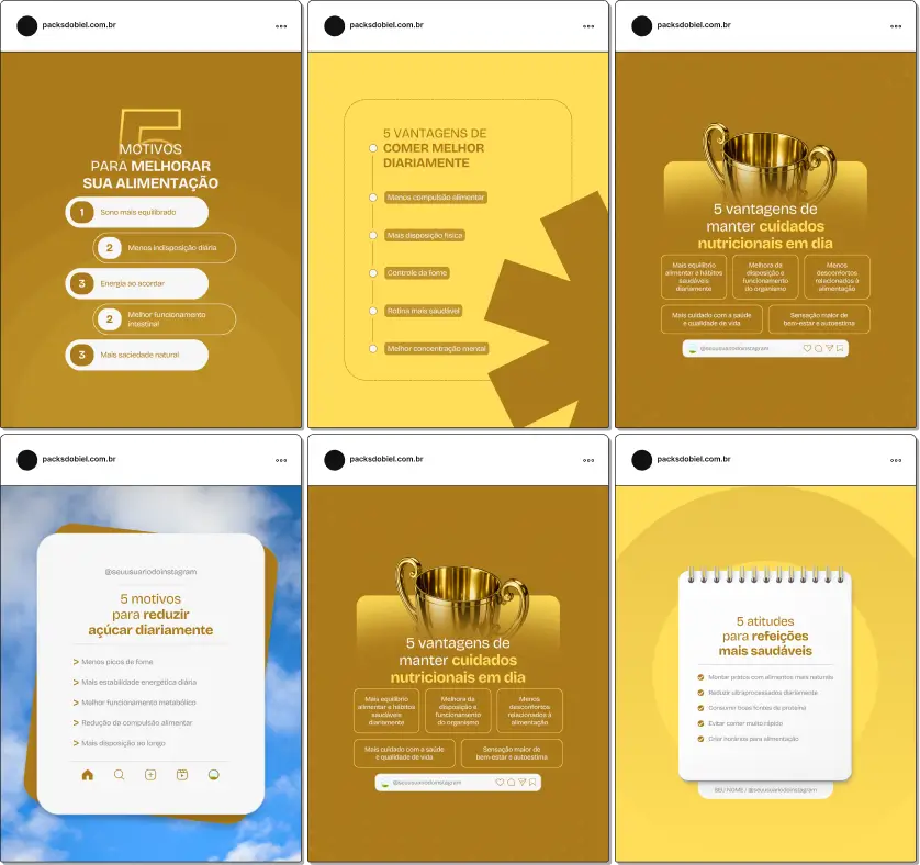Posts editáveis no Canva estilo 5 tópicos para nutrição, ideal para profissionais que compartilham conteúdos sobre dietas equilibradas, ganho de massa muscular, vitaminas, saúde intestinal e planejamento alimentar, fortalecendo autoridade e engajamento com pacientes.