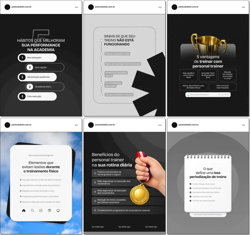 Posts editáveis no Canva estilo 5 tópicos para personal trainer, ideal para profissionais que compartilham conteúdos sobre musculação, periodização de treino, ganho de massa muscular, condicionamento físico e hábitos saudáveis, fortalecendo autoridade e engajamento com alunos.