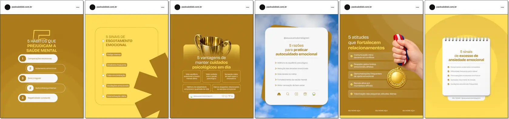 Pack de posts estilo 5 tópicos para psicólogos que desejam criar conteúdos rápidos sobre ansiedade, autoestima, saúde mental, emoções e autoconhecimento, mantendo um feed educativo e profissional no Instagram.