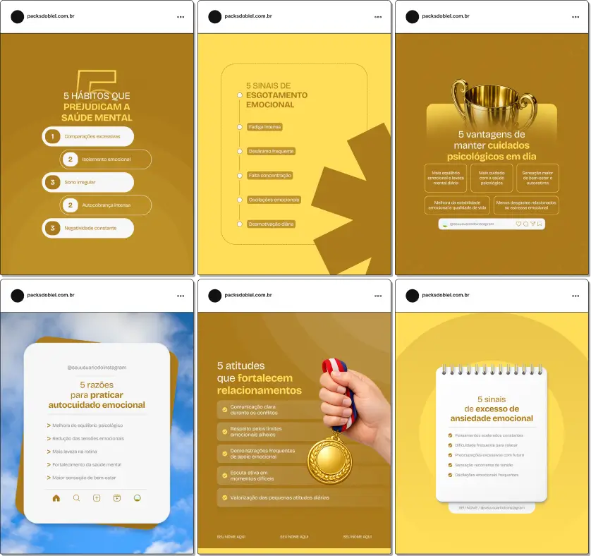Posts editáveis no Canva estilo 5 tópicos para psicologia, ideal para profissionais que compartilham conteúdos sobre relacionamentos, estresse, desenvolvimento emocional, terapia e bem-estar psicológico, fortalecendo autoridade e conexão com pacientes.