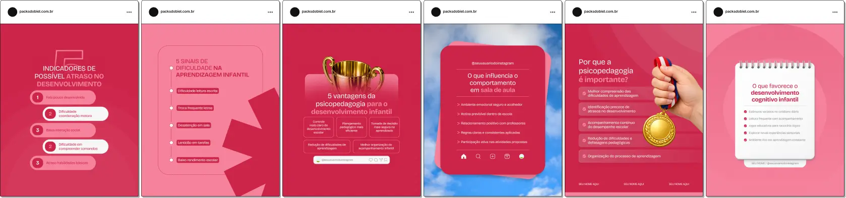 Pack de posts estilo 5 tópicos para psicopedagogos que desejam criar conteúdos rápidos sobre dificuldades de aprendizagem, alfabetização, desenvolvimento cognitivo, TDAH e estratégias educacionais, mantendo um feed educativo e organizado no Instagram.