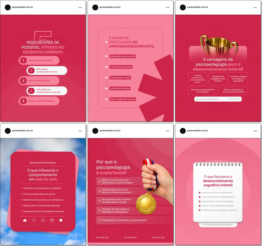 Posts editáveis no Canva estilo 5 tópicos para psicopedagogia, ideal para profissionais que compartilham conteúdos sobre leitura e escrita, intervenção psicopedagógica, inclusão escolar, concentração e apoio ao processo de aprendizagem, fortalecendo autoridade com pais e educadores.