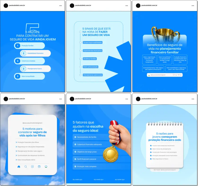 Posts editáveis no Canva estilo 5 tópicos para seguro de vida, ideal para profissionais que compartilham conteúdos sobre cobertura, indenização, proteção para a família, planejamento de longo prazo e tranquilidade financeira em diferentes fases da vida, fortalecendo autoridade e confiança com clientes.