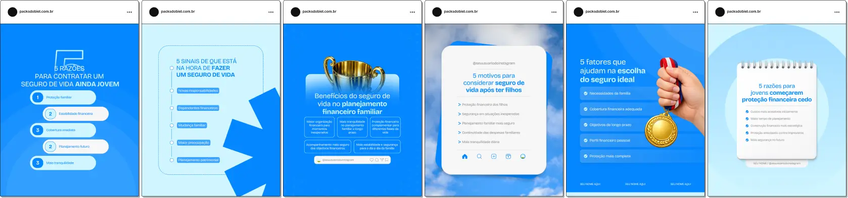 Pack de posts estilo 5 tópicos para corretores de seguro de vida que desejam criar conteúdos rápidos sobre proteção financeira, planejamento familiar, segurança patrimonial, benefícios do seguro e organização financeira, mantendo um feed profissional e educativo no Instagram.