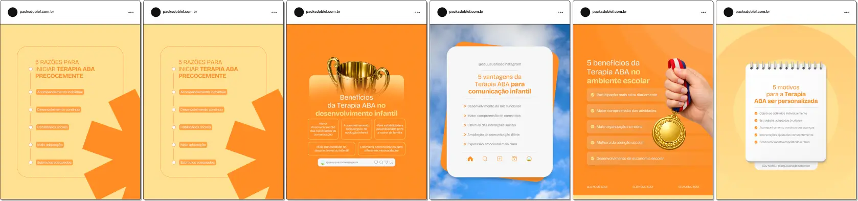 Posts editáveis no Canva estilo 5 tópicos para ABA, ideal para psicólogos, terapeutas e analistas do comportamento que compartilham conteúdos sobre autismo, rotina da criança, reforço positivo, aprendizagem e orientação para pais, fortalecendo autoridade e conexão com famílias.