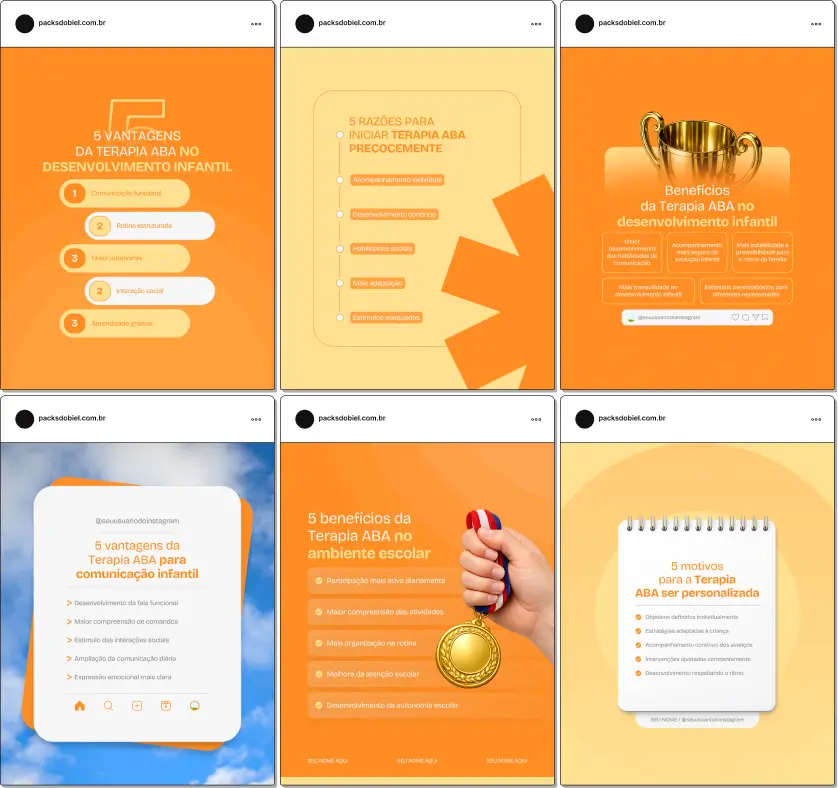 Pack de posts estilo 5 tópicos para profissionais de Terapia ABA que desejam criar conteúdos rápidos sobre desenvolvimento infantil, comportamento, habilidades sociais, comunicação e intervenções no TEA, mantendo um feed educativo e profissional no Instagram.