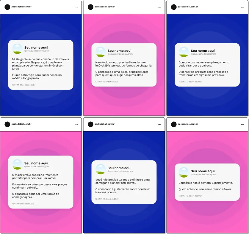 Post estilo Twitter sobre consórcio de imóveis com conteúdo curto e informativo, voltado para consultores e vendedores que produzem conteúdos sobre carta de crédito, contemplação, parcelas, planejamento financeiro e compra de imóveis, ideal para engajamento rápido no Instagram.