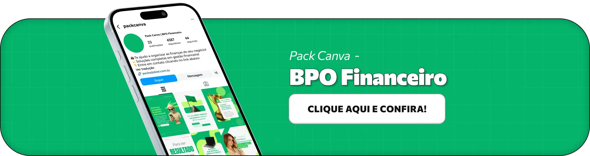 Mockup de Pack de Posts editáveis para BPO Financeiro com botão de "Clique aqui e confira"