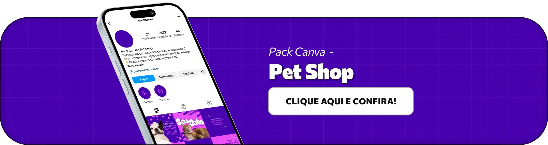 Pack de posts editáveis no Canva para pet shops que produzem conteúdos sobre produtos pet, alimentação, acessórios, cuidados diários e bem-estar de animais, fortalecendo a presença digital com um feed atrativo.