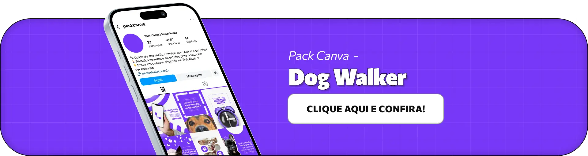 Pack de posts editáveis no Canva para dog walkers que desejam criar conteúdos sobre passeios com cães, rotina pet, gasto de energia, comportamento e bem-estar animal, mantendo um feed organizado e profissional no Instagram.