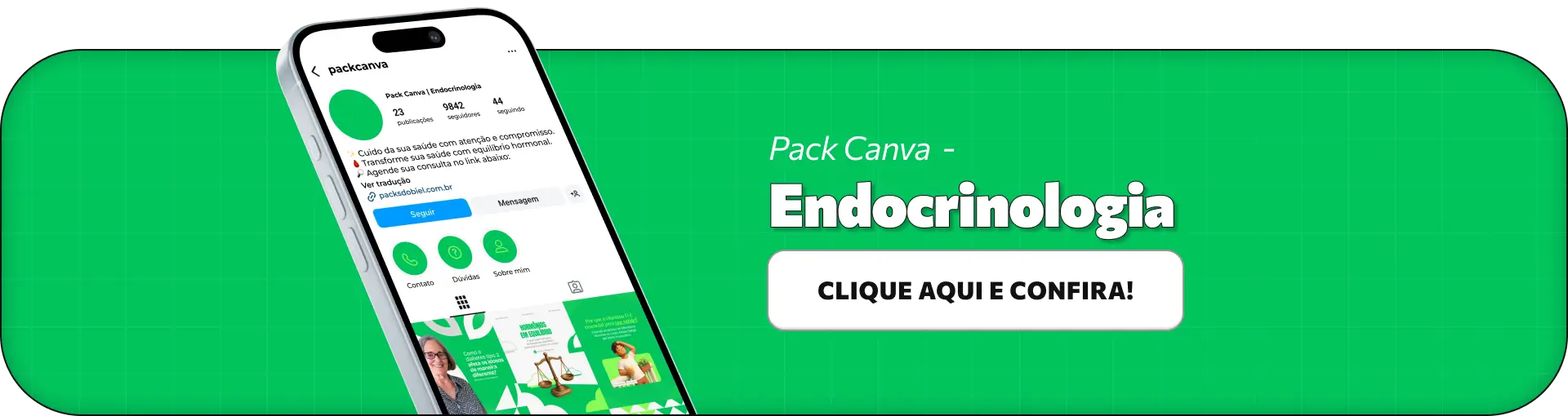 Mockup de Pack de Posts editáveis para Endocrinologia com botão de "Clique aqui e confira"