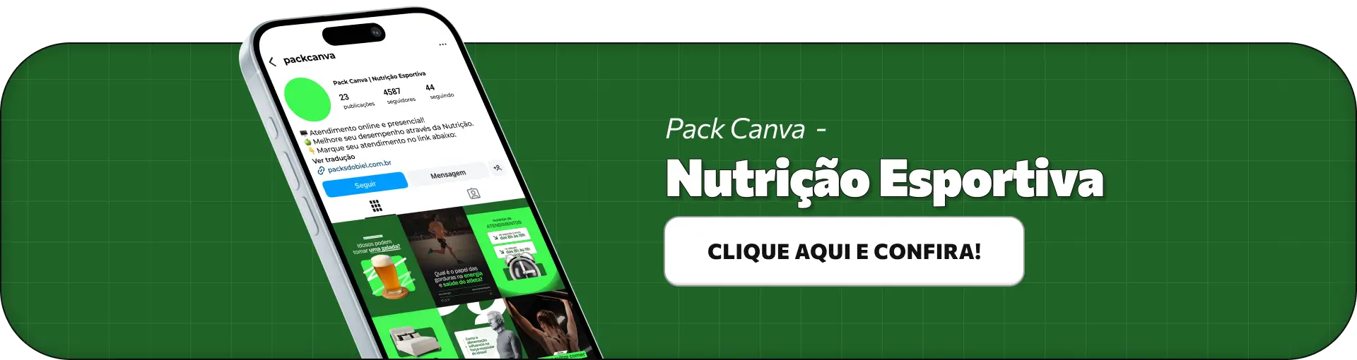 Mockup de pack de posts editáveis no Canva para nutricionistas esportivos, com conteúdos sobre performance, hipertrofia, suplementação, pré e pós treino e alimentação para treino, ideal para criar um perfil mais estratégico e voltado ao público fitness.